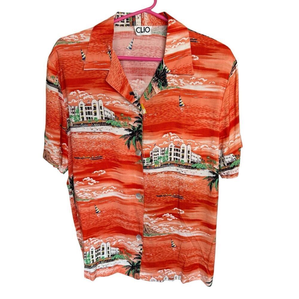 Vtg CLIO Hawaiian Shirt Made In USA Pearl Buttons Hotel Beach Palm Tree XL